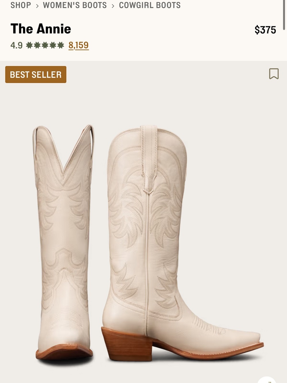 Tecovas Annie Cream/White Pointed-Toe Tall Women's Western Boots - Picture 9 of 10